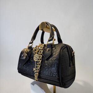 Black Croc Embossed Satchel Handbag with Gold Accessories By Tote & Carry NWT